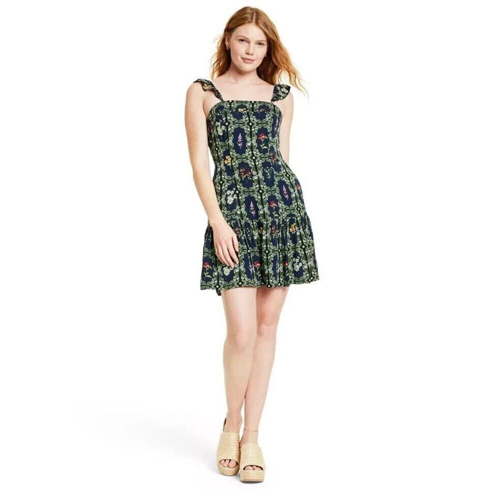 Agua Bendita x Target Floral Tile Print Mini Dress size L Navy Green
